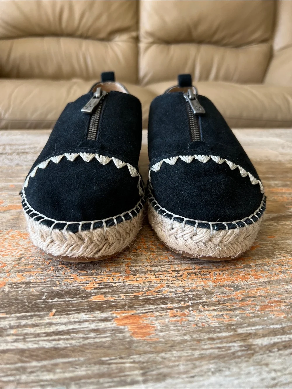 Patricia Nash Black Suede Espadrille Slip-On with Cream Stitching Size 6.5